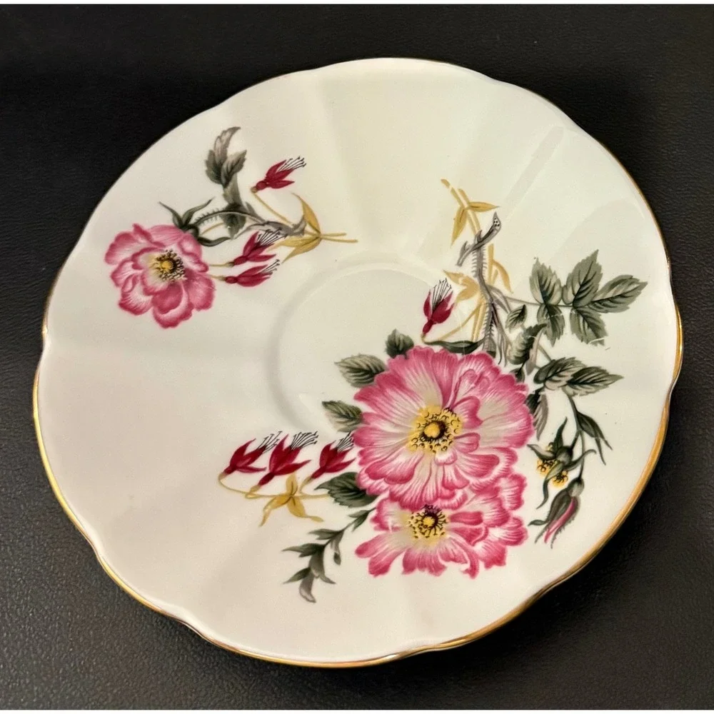 Adderley Teacup Saucer Pink Floral Flowers Gold Trim Fine Bone China England
